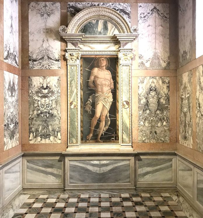 Andrea Mantegna 'San Sebastiano', 1506 circa, tempera su tela, 213x95 cm, Ca’ d’Oro, Venezia. Foto di Manuela Moschin
