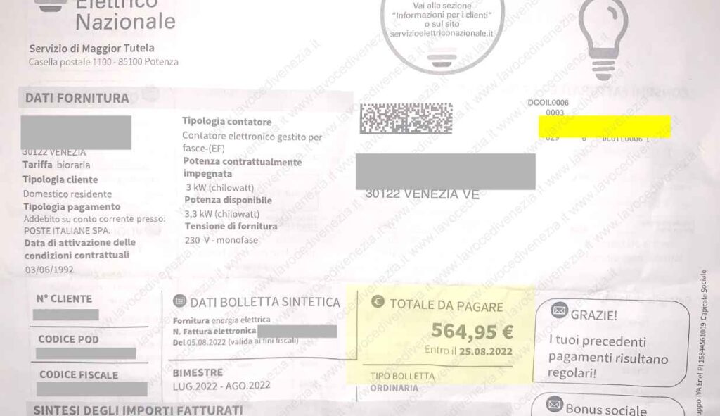 Signora di Venezia: "Eccola la bolletta della luce con gli aumenti: è ...