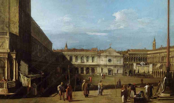 Chiesa San Geminiano, Piazza San Marco, Venezia, in un quadro del Canaletto del 1723