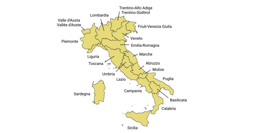 L'Italia con la suddivisione per regioni