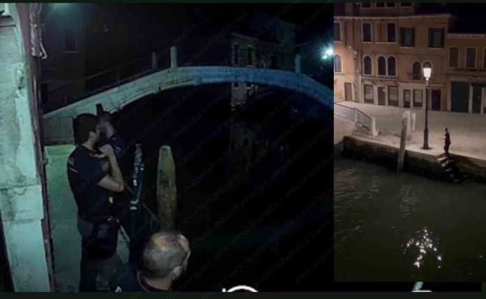 L'intervento della polizia. Sulla foto a destra il ladro fugge a piedi dopo essersi tuffato in acqua