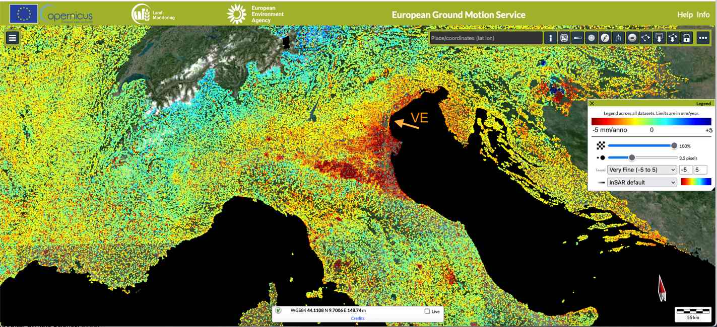Subsidenza dell’Italia settentrionale misurata dal satellite Sentinel (Dati Copernicus – European Ground Motion Service, dati 2017-2023).