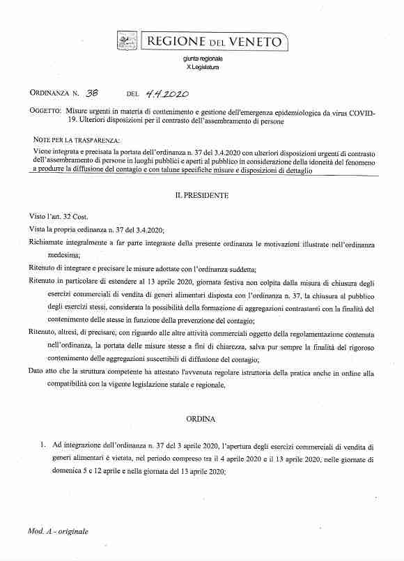 ordinanza integrativa coronavirus 4 aprile zaia chiusure negozi pasqua