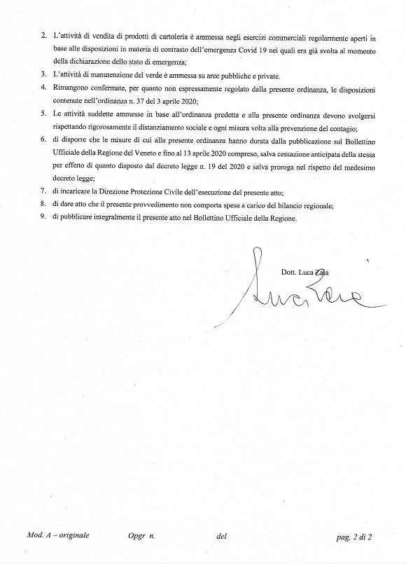 ordinanza integrativa coronavirus 4 aprile zaia chiusure negozi pasqua
