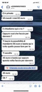 Alcuni messaggi del tentativo di ricatto su Messanger al giovane
