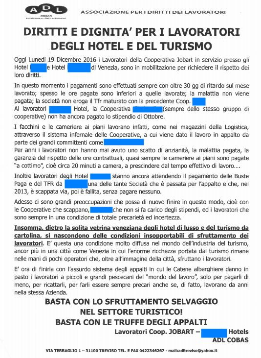 volantino lavoratori turismo truffe appalti in foto