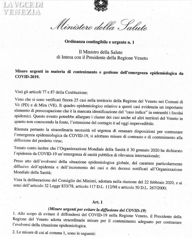 coronavirus veneto chiude ordinanza zaia speranza