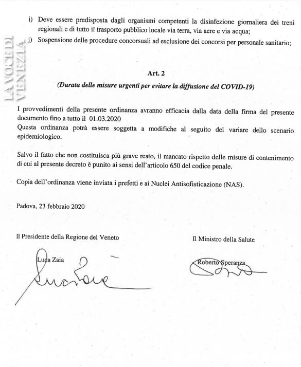 coronavirus veneto chiude ordinanza zaia speranza
